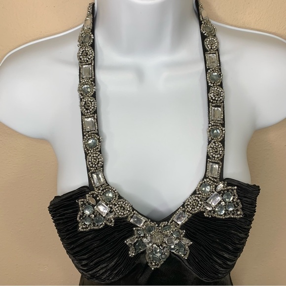 Morgan And Co Black Satin Formal Cocktail Dress Sleeveless Gemstone Small 3 4 - Picture 4 of 12